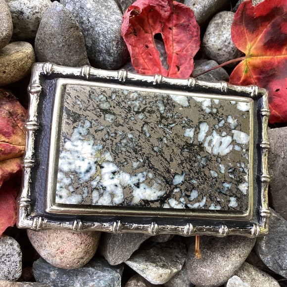Vintage Bright Pyrite Artisan Stone On Outlined Rectangular Metal Belt Buckle - Picture 1 of 13